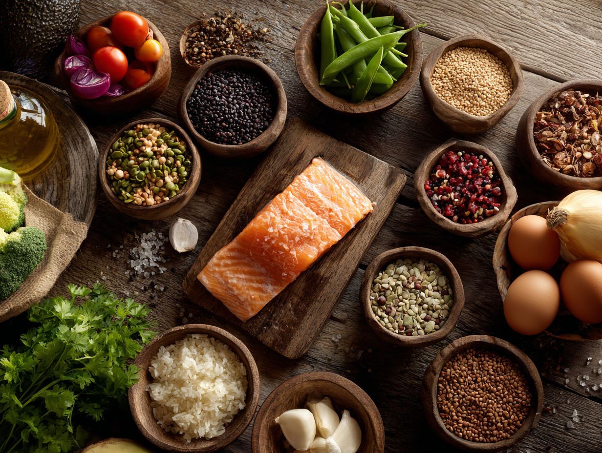 Masă colorată cu fructe și legume proaspete, reprezentând alimentația echilibrată